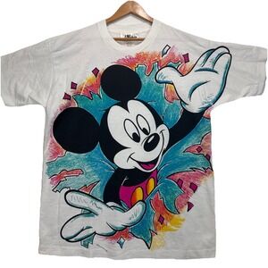 VTG Jerry Leigh Mickey Mouse T-Shirt Mens OSFA White‎ Neon Graphic Single Stitch
